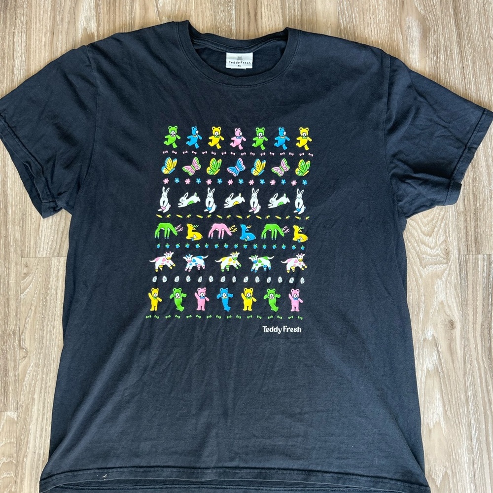 Teddy Fresh Black Tee with Colorful Animal Graphics